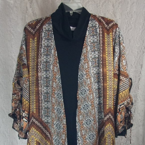 Kimono Jacket Geometric Design Black Gold Brown - Picture 3 of 7